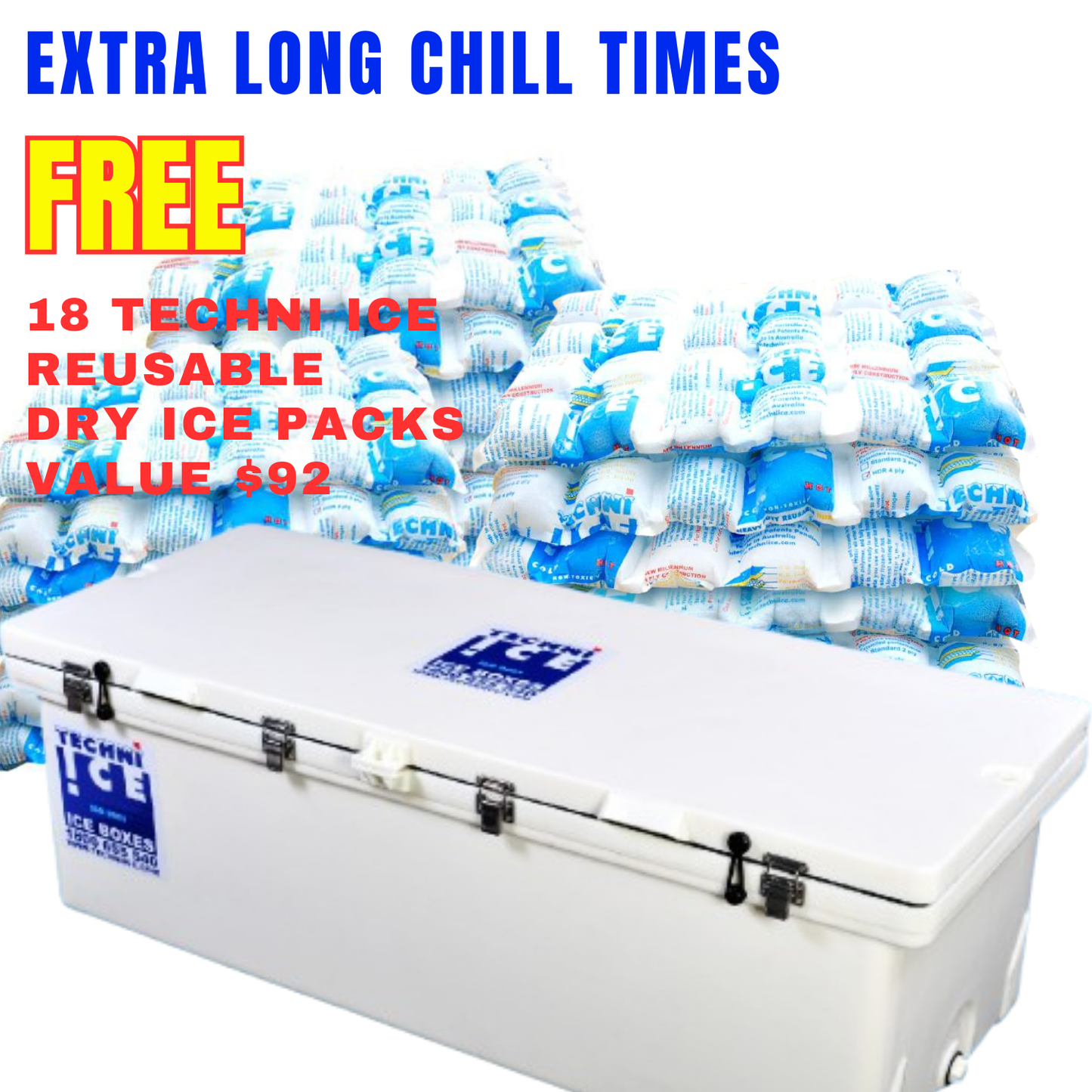 Techniice Classic Ice box 200L White LONG *FREE 18 REUSABLE DRY ICE PACKS VALUES $92