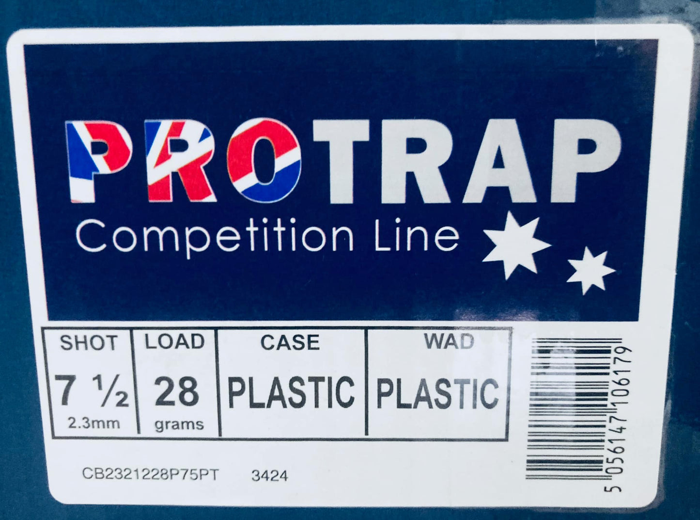 Packaging label for Hull Pro Trap competition line shotgun cartridge, featuring predominantly blue and white colors with text detailing the shot load, case, and wad information.
