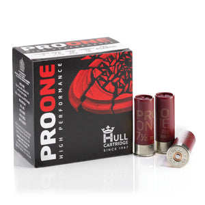A box of Hull Pro One high performance long range ammunition alongside three individual shotgun shells.