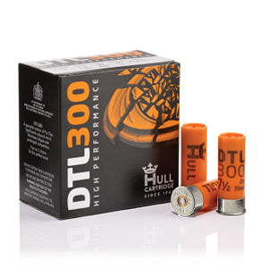A box of Hull Pro Trap DTL 300 high-performance long-range trap cartridges with two individual cartridges in front, predominantly orange and black in color.